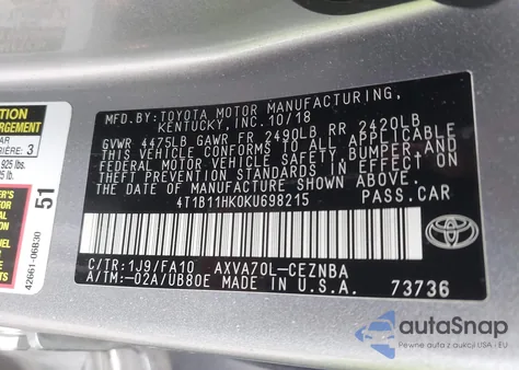 2019 Toyota Camry Le z USA, uszkodzony, nr VIN 4T1B11HK0KU698215